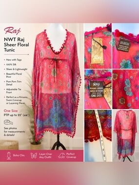 NWT Raj 100% Silk Boho Kimono Coverup Tunic /Dress OS Pink Floral Pom Pom Trim